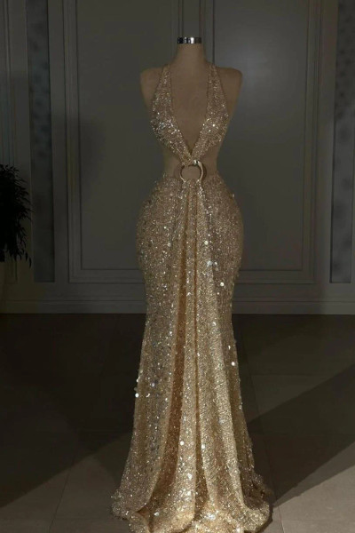 Shop 2026 ANNAKOO Cutout Back Champagne Halter Sequin Mermaid Prom Dress Under 289