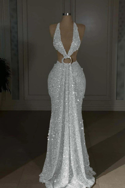 Shop 2026 ANNAKOO Cutout Back Champagne Halter Sequin Mermaid Prom Dress Under 289