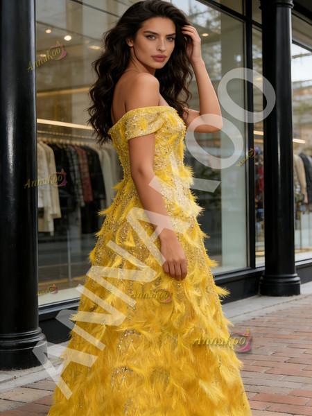 Shop 2026 ANNAKOO Off The Shoulder Feather Yellow A Line Sparkle Prom Dress Under 298