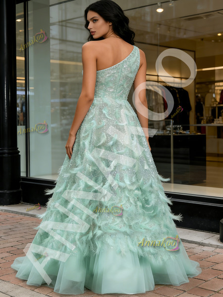 Shop 2026 ANNAKOO One Shoulder Green Feather A Line Sparkle Prom Dress Under 289