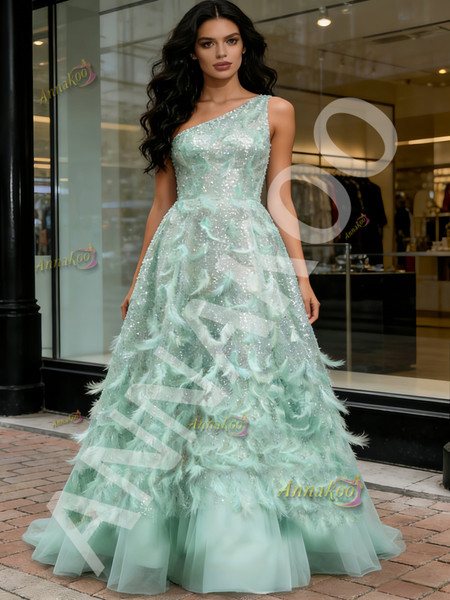 Shop 2026 ANNAKOO One Shoulder Green Feather A Line Sparkle Prom Dress Under 289