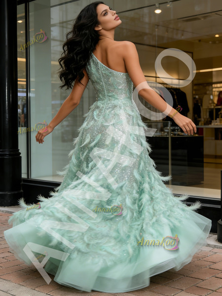 Shop 2026 ANNAKOO One Shoulder Green Feather A Line Sparkle Prom Dress Under 289