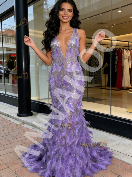 Shop 2026 ANNAKOO V  Neck Feather Purple Tulle Sequin Trumpet Mermaid Prom Dress Under 239