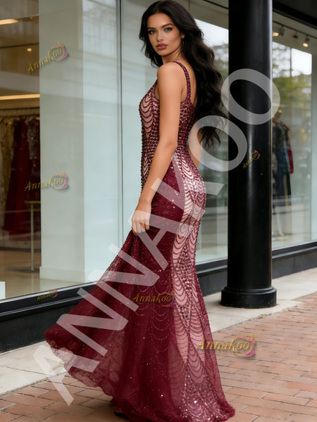 Shop 2026 ANNAKOO V Neck Trumpet Mermaid Burgundy Sparkle Tulle Prom Dress Under 269