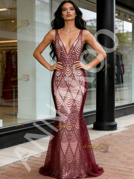 Shop 2026 ANNAKOO V Neck Trumpet Mermaid Burgundy Sparkle Tulle Prom Dress Under 269