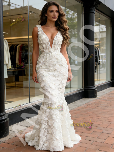 Shop 2026 ANNAKOO V Neck White Flower Trumpet Mermaid Prom Dress Under 230