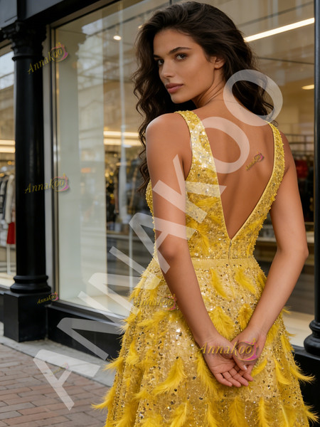 Shop 2026 ANNAKOO Yellow Feather Sequin A Line Tulle Prom Dress 269