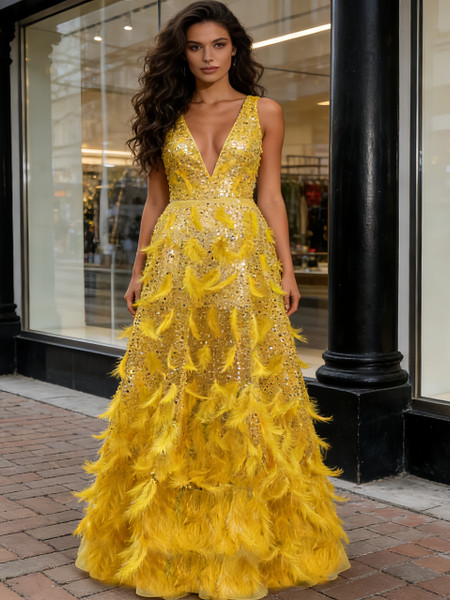 Shop 2026 ANNAKOO Yellow Feather Sequin A Line Tulle Prom Dress 269