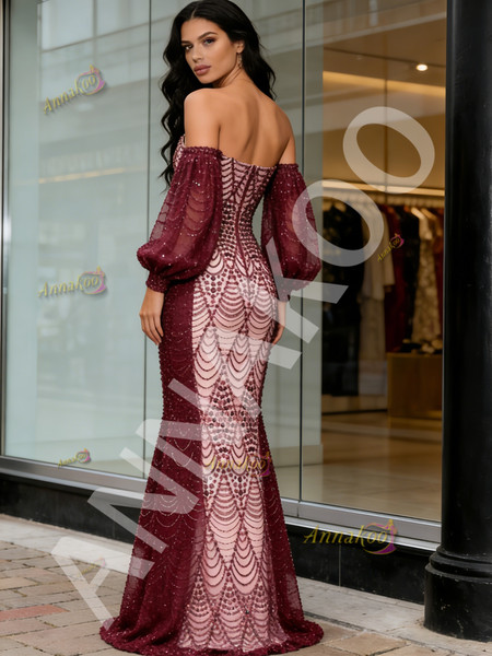 Shop 2025 ANNAKOO Long Sleeves Strapless Beading Trumpet Mermaid Prom Dress Under 269