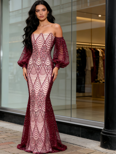 Shop 2025 ANNAKOO Long Sleeves Strapless Beading Trumpet Mermaid Prom Dress Under 269