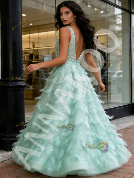 Shop 2026 ANNAKOO Green Feather Sequin A Line Tulle Prom Dress Under 269