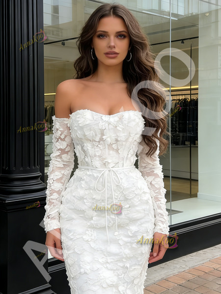 Shop 2026 ANNAKOO Trumpet White Lace Off The Shoulder Long Sleeve Prom Dress Under 269
