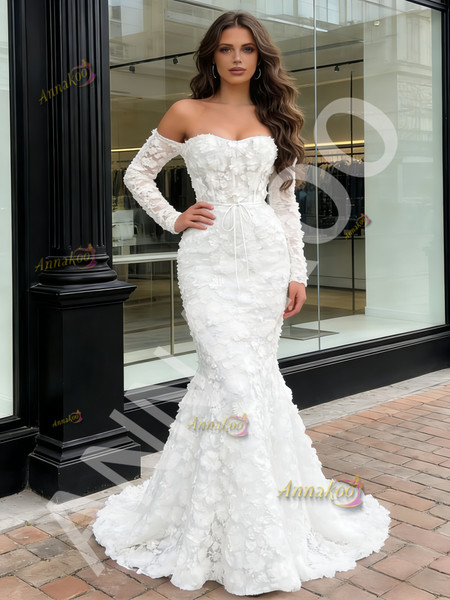 Shop 2026 ANNAKOO Trumpet White Lace Off The Shoulder Long Sleeve Prom Dress Under 269