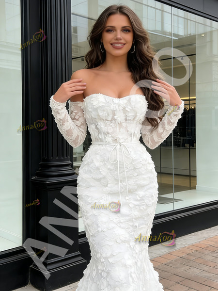 Shop 2026 ANNAKOO Trumpet White Lace Off The Shoulder Long Sleeve Prom Dress Under 269