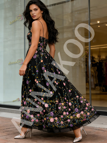 Shop 2026 ANNAKOO Spaghetti Straps Flower Black A Line Prom Dress Under 169