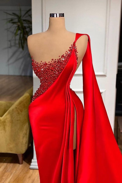 Shop 2026 ANNAKOO Intricate Beading Asymmetrical Mermaid Red Satin Prom Dress Under 198