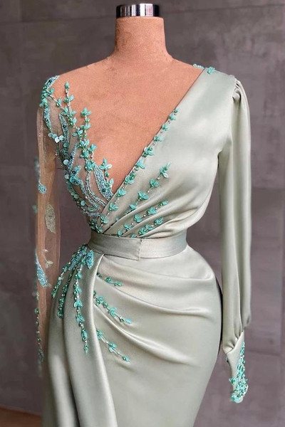 Shop 2026 ANNAKOO 3D Floral Embroidery Sheer Sleeve Sage Green Satin Prom Dress  Under 256
