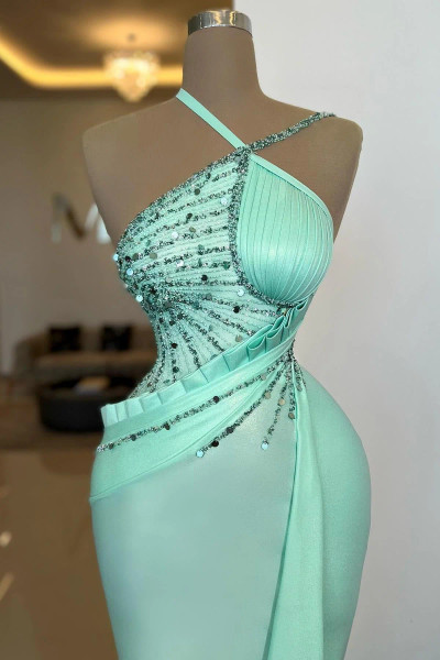 Shop 2026 ANNAKOO Halter Neck Beaded Embellishments Satin Mint Green Prom Dress Under 199