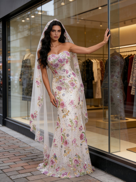 Shop 2026 ANNAKOO Flower Sequin Pink Trumpet Mermaid Tulle Prom Dress Under 199