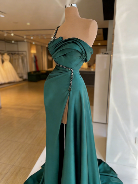 Shop 2026 ANNAKOO One Shoulder Emerald Green Beading Satin Mermaid Prom Dress Under 189