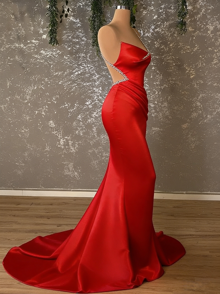 Red Satin Crystal Draped One Shoulder Mermaid Prom Dress