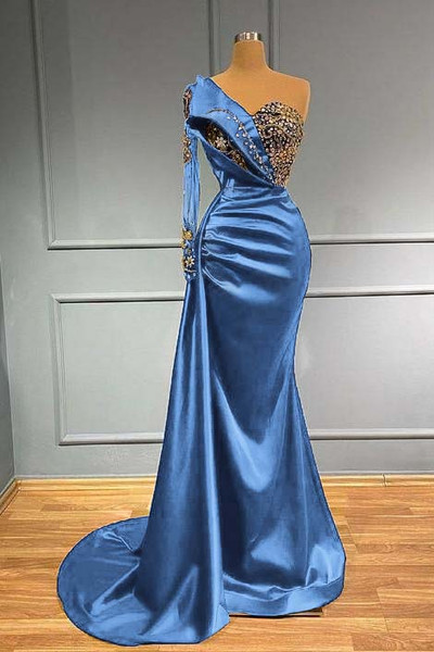 Shop 2026 ANNAKOO Royal Blue One Shoulder Satin Long Sleeves Mermaid Prom Dress Under 199