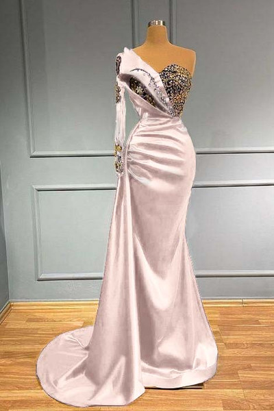 Shop 2026 ANNAKOO Royal Blue One Shoulder Satin Long Sleeves Mermaid Prom Dress Under 199