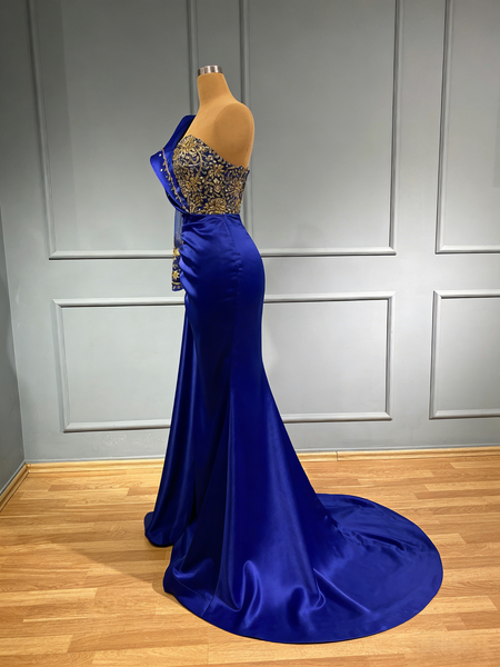 Shop 2026 ANNAKOO Royal Blue One Shoulder Satin Long Sleeves Mermaid Prom Dress Under 199