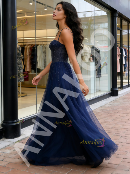 Shop 2026 ANNAKOO Navy Blue Spaghetti Straps Beading Tulle A Line Prom Dress Under 189