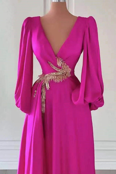 Shop 2026 ANNAKOO Deep V-Neck Bishop Sleeves Fuchsia A Line Satin Prom Dress Under 189