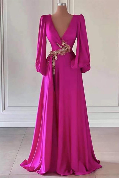 Shop 2026 ANNAKOO Deep V-Neck Bishop Sleeves Fuchsia A Line Satin Prom Dress Under 189
