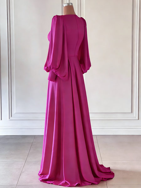 Shop 2026 ANNAKOO Deep V-Neck Bishop Sleeves Fuchsia A Line Satin Prom Dress Under 189