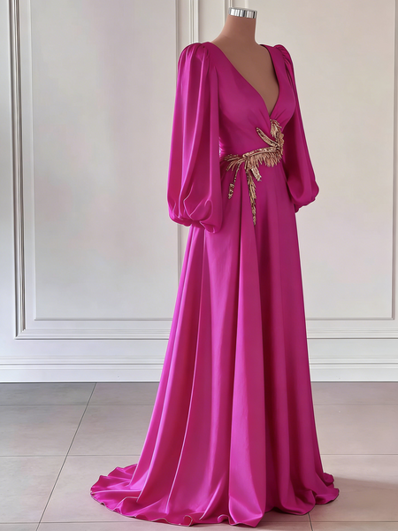 Shop 2026 ANNAKOO Deep V-Neck Bishop Sleeves Fuchsia A Line Satin Prom Dress Under 189