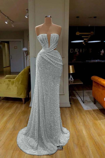 Shop 2026 ANNAKOO Trumpet Mermaid Cut Out Silver Sequin Strapless Prom Dress Under 189