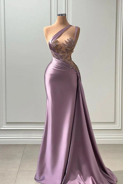Shop 2026 ANNAKOO Mauve Satin Beaded Lace One Shoulder Mermaid Prom Dress Under 189