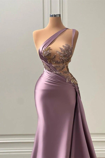 Shop 2026 ANNAKOO Mauve Satin Beaded Lace One Shoulder Mermaid Prom Dress Under 189