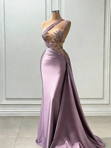 Shop 2026 ANNAKOO Mauve Satin Beaded Lace One Shoulder Mermaid Prom Dress Under 189