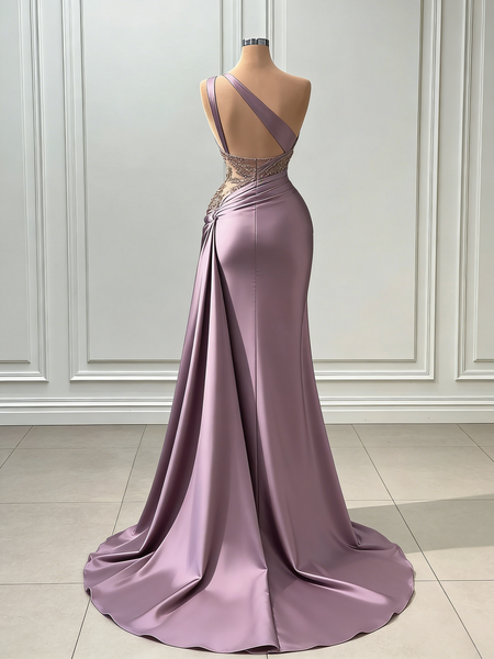 Shop 2026 ANNAKOO Mauve Satin Beaded Lace One Shoulder Mermaid Prom Dress Under 189