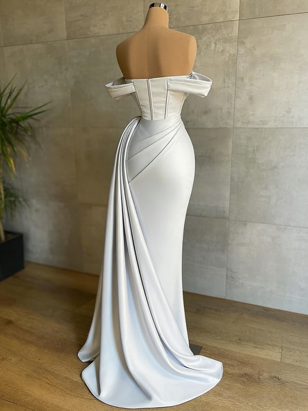 Shop 2026 ANNAKOO Champagne Off The Shoulder Satin Mermaid Draped Train Prom Dress Under 189