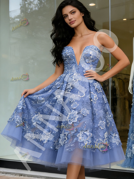Shop 2026 ANNAKOO Sweetheart Tulle Blue A Line Flower Prom Dress Under 189