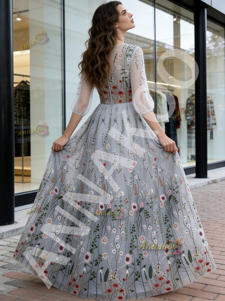 Shop 2026 ANNAKOO Long Sleeve Gray Floral Tulle A Line Prom Dress Under 169