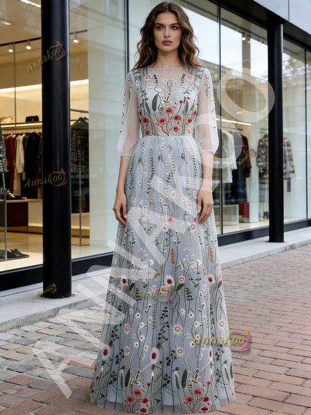 Shop 2026 ANNAKOO Long Sleeve Gray Floral Tulle A Line Prom Dress Under 169