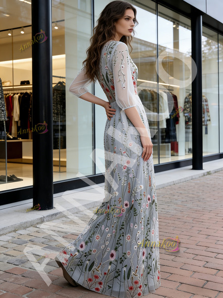 Shop 2026 ANNAKOO Long Sleeve Gray Floral Tulle A Line Prom Dress Under 169