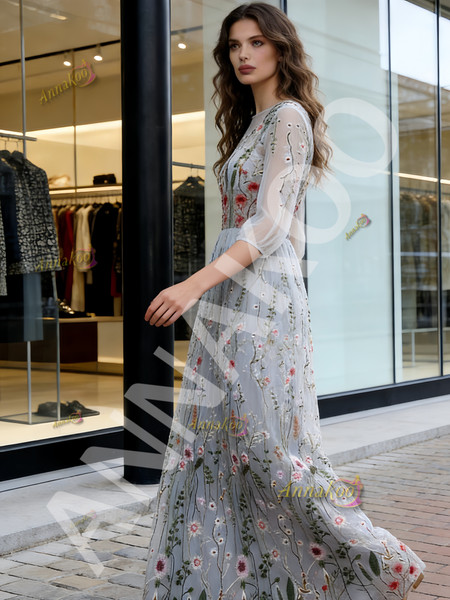 Shop 2026 ANNAKOO Long Sleeve Gray Floral Tulle A Line Prom Dress Under 169