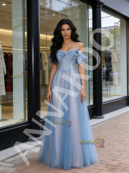 Shop 2026 ANNAKOO Sparkle Tulle A Line Blue Cold Shoulder Prom Dress Under 159