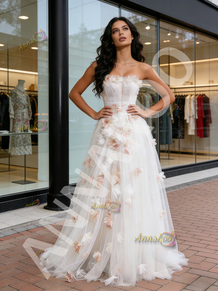 Shop 2026 ANNAKOO Strapless Ruffles Tulle Champagne Flower A Line Prom Dress Under 149