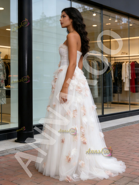 Shop 2026 ANNAKOO Strapless Ruffles Tulle Champagne Flower A Line Prom Dress Under 149