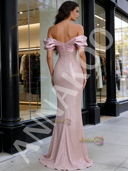 Shop 2026 ANNAKOO Pink Off The Shoulder Satin & Sequin Trumpet Mermaid Prom Dress Under 189