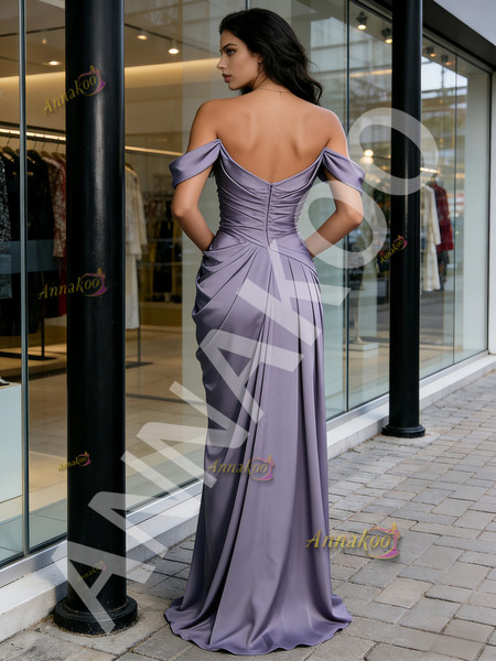 Shop 2026 ANNAKOO Purple Off The Shoulder Satin Trumpet Mermaid Ruched Prom Dress Under 139