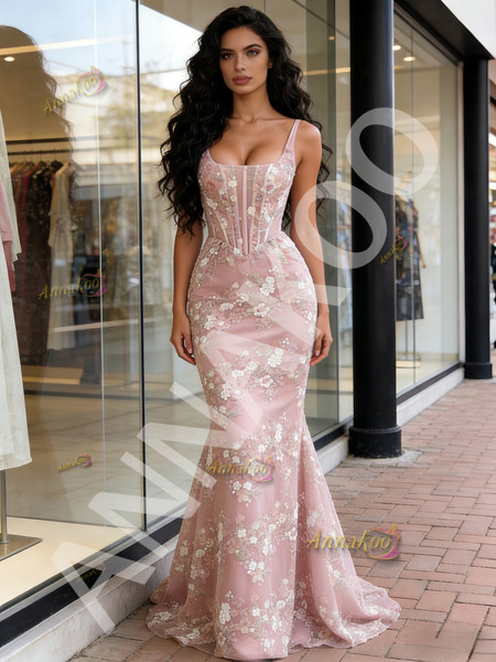 Shop 2026 ANNAKOO Pink Straps Sweetheart Tulle Lace Floral Trumpet Mermaid Prom Dress Under 189